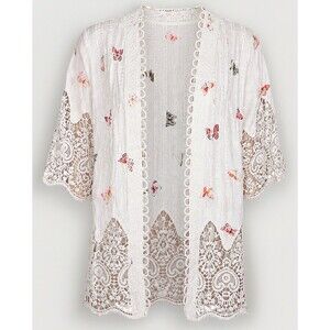 London Kaye Pretty One Size Cream Crochet Butterfly Open Front Embroidered Top
